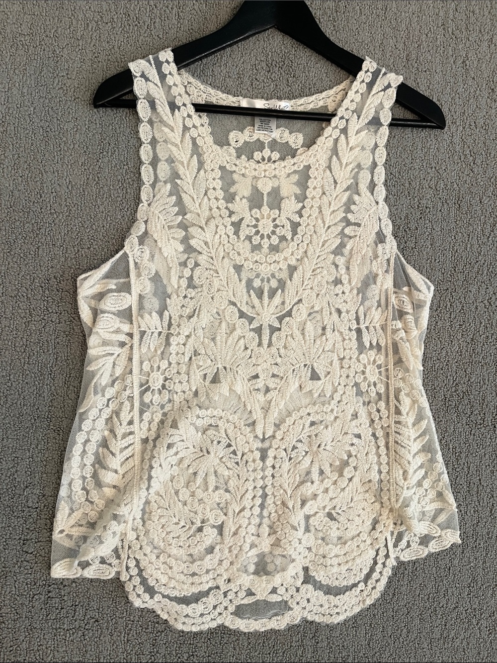 🩷Say What? Crochet Lace High Low Tank Top Size Large Floral Embroidery Bohemian